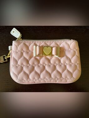 Betsey Johnson Light Pink Quilted Heart Bow Wristlet with Gold Heart Plaque